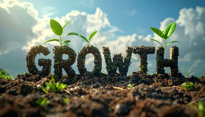 GROWTH - Word formed with soil and green plants symbolizing growth, sustainability, and eco-friendly future.