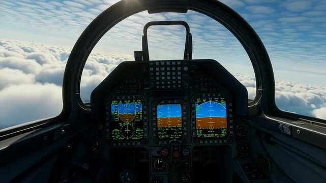 Inside a fighter jet cockpit soaring through clouds