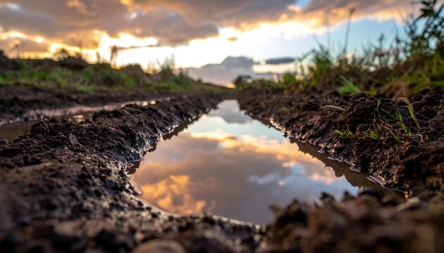 Water collected in agricultural soil furrow reflecting sky, representing irrigation and water conservation.