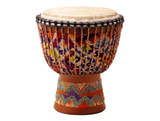 Colorful djembe style hand drum with woven pattern and skin head isolated on transparent background.
