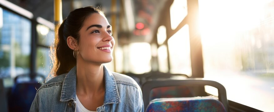 The woman on a sunlit city bus smiling during a relaxed morning commute