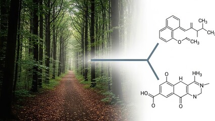 Forest Pathway with Molecular Structures Overlay.