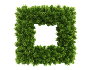 Square green wreath frame made of lush pine branches with an empty center isolated on transparent background.
