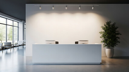 Reception Desk Area, Modern Office, Indoor Business Environment, Minimalist View, Corporate Concept