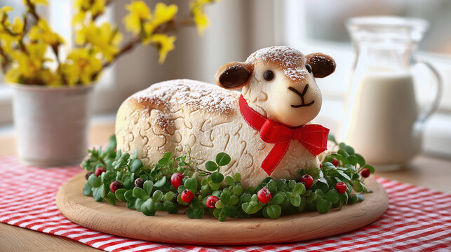 Baranek Wielkanocny: Polish Easter Lamb Cake. Is a traditional Polish cake for Easter, it is shaped like a lamb and is the centerpiece of a dining table. In a nest of bright green fresh cress and box.