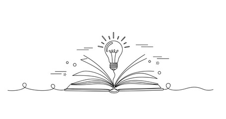 Creative ideas: open book with lightbulb symbolizing concepts and inspiration, no editable stroke