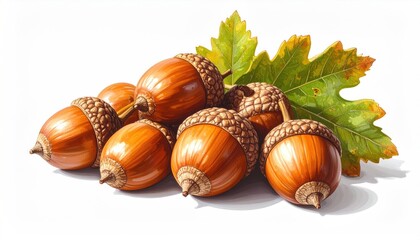 Group of acorns resting with oak leaf on white background