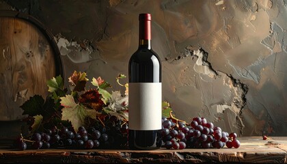 Wine bottle, grapes on rustic table against textured wall, vintage cellar vibe, still life composition.