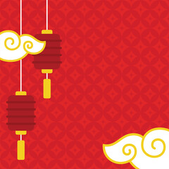 Festive Chinese themed template background set against a red backdrop featuring traditional lanterns and swirling clouds suitable for Lunar New Year celebrations and holiday designs.