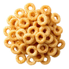 Pile of ring shaped cereal or snack loops with golden crunchy texture isolated on transparent background.
