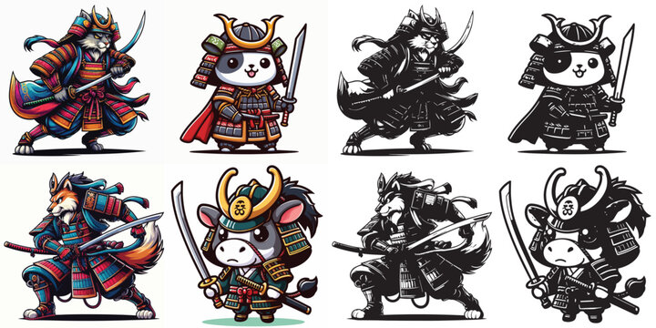 Set of vector and silhouettes of Japanese samurai animal characters on a white background.