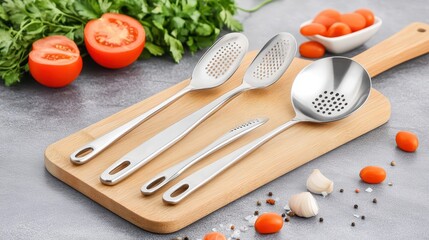 A collection of shiny stainless steel cooking utensils rests on a wooden cutting board with fresh ingredients surrounding the kitchen tools