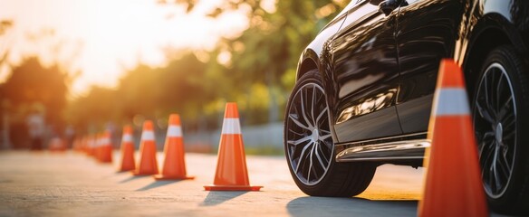 The car navigating an orange traffic cone driving course at golden hour