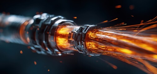 The Fiber Optic Cable with Molten Light Streaming Through Futuristic Metallic Connector