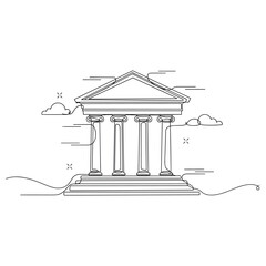 Naklejka premium Line art of classical greek temple with columns and clouds. No editable strokes
