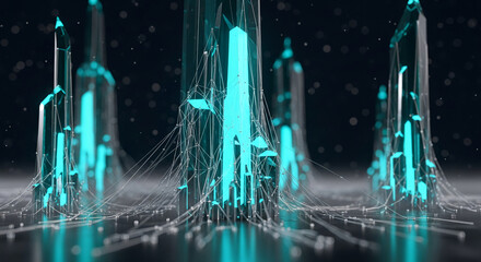 Abstract illustration of crystal tower structures interconnected by network lines, glowing in blue. Represents connection, data, future concept.