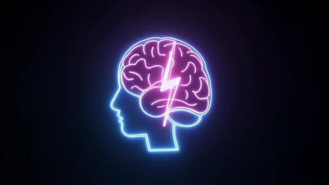 Conceptual visualization of a human head profile with a glowing neon pink lightning bolt striking through the brain, symbolizing ideas, innovation, and mental energy on a dark background