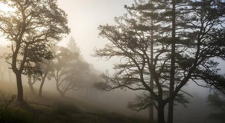 A misty forest scene bathed in golden sunlight filtering through the trees, creating an atmospheric and serene landscape
