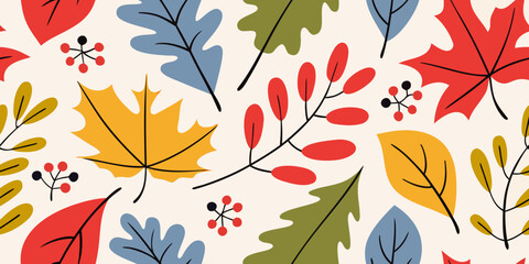 Fototapeta premium Colorful autumn leaves and berries pattern on a light cream background