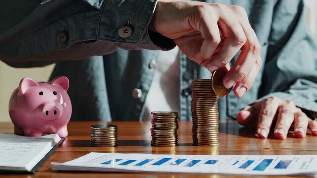 Close-up of a person sitting at a desk with a piggy bank, stacked coins arranged in ascending order, a miniature house model, open notebook, and financial charts