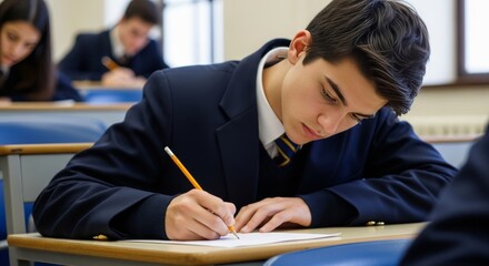 Teenage male student in school uniform writing at desk in classroom