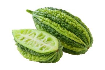 Sliced green bitter melon balsam pear with ridged texture isolated on transparent background.
