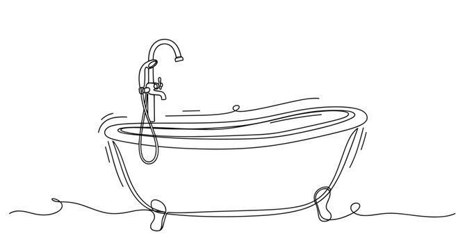 Continuous line drawing of clawfoot bathtub with faucet in minimalist style. No editable strokes