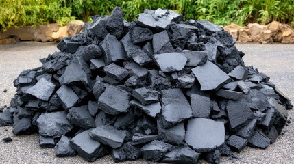 A large pile of broken black coal chunks used as fuel and industrial material