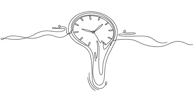 Surreal melting clock in continuous line art style. No editable strokes