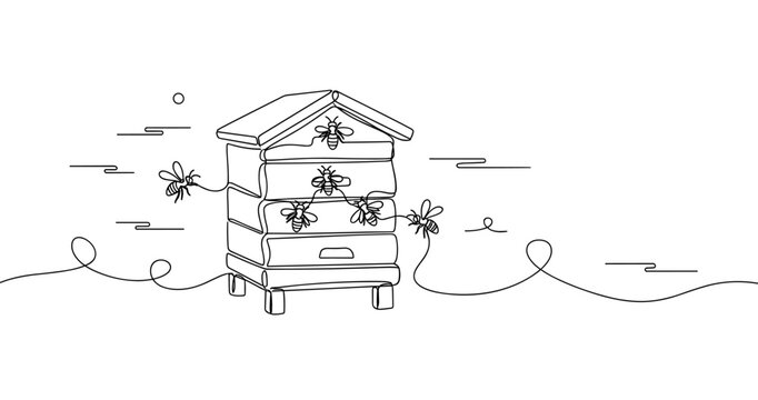 Line art beehive with bees and nature elements. No editable strokes