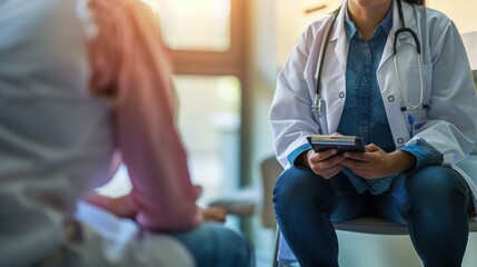 Eating Disorders Awareness Week: Healthcare professional and patient in consultation, compassionate interaction, medical office with soft lighting, trust and support visible, diverse representation