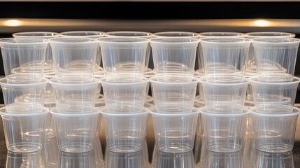 A neat stack of many small clear disposable plastic cups arranged in orderly rows and columns with soft lighting