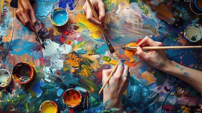 Eating Disorders Awareness Week: Overhead view of art therapy session, colorful paint palettes and canvas, hands creating expressive artwork, healing through creativity concept