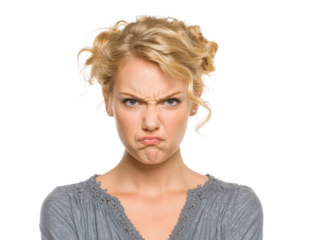 Angry blonde woman portrait with an annoyed expression isolated on transparent background.
