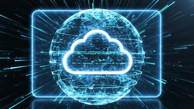 High-tech abstract visualization of a network security system where interlocking lines generate a glowing protective shield around a central cloud icon server, server, business