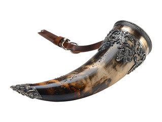 Ornate viking horn with leather strap and silver filigree isolated on transparent or white background, png