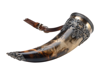 Ornate viking horn with leather strap and silver filigree isolated on transparent or white background, png