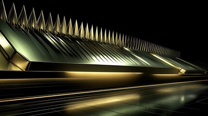 A metallic barrier with sharp golden spikes along its top glints under dramatic lighting creating a sense of industrial security and abstract design
