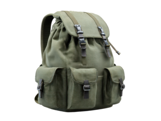 Olive green hiking backpack with flap and straps and realistic fabric texture isolated on transparent background.
