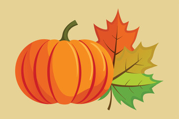 Autumn Harvest Composition with Orange Pumpkin and Vibrant Maple Leaves Vector Illustration for Thanksgiving