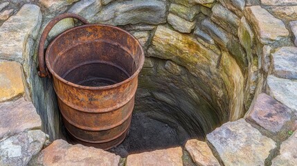 A rusty metal bucket lies beside the opening of a dry stone well shaft