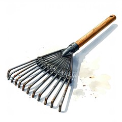Rake illustration on white surface, showing details for gardening or landscaping purposes