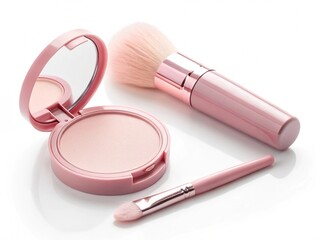 Cosmetic  Pink Makeup Brush and Powder on White Background