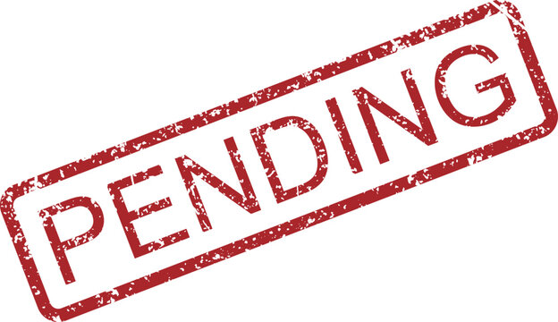 A grunge style red rubber stamp imprint displaying the word PENDING on a white surface