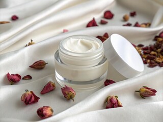 White Under Eye Cream on White Satin with Dried Rose Petals,cosmetic