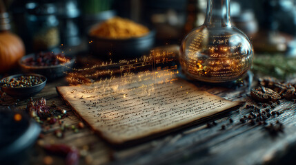 Rustic Recipe Card with LED Ink Animating Measurements and Holographic Chef Demonstration Above Kitchen Counter.