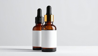 Two amber glass bottles with dropper, stand on a white surface with blank labels, studio