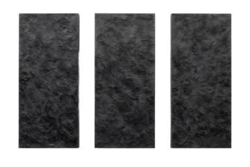 Set of three dark textured rectangular carbon or metal panels in a minimalist layout isolated on transparent background.
