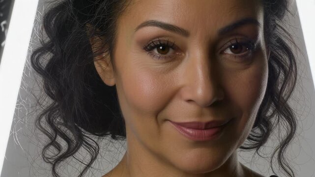 Close-up portrait of a beautiful mature woman with dark curly hair, warm smile, and expressive brown eyes, studio lighting setup
