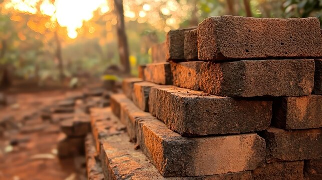 A pile of rough hand hewn stone blocks forming a decaying structure in warm golden sunlight